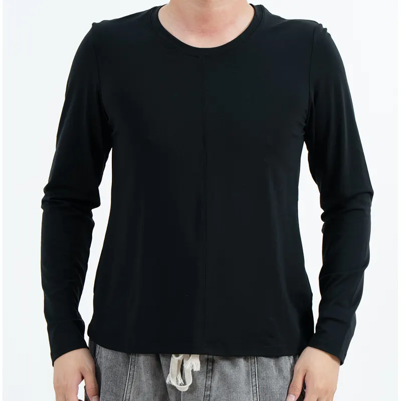 ブラック スリム フィット クルー ネック T シャツ (長袖)
