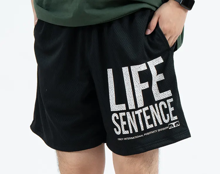 Black Breathable Quick-Dry Mesh Shorts with Large White Letter Graphic