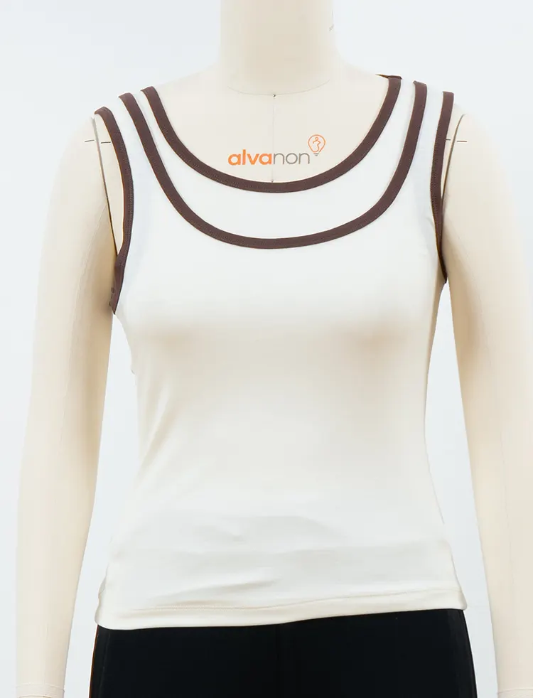 White Tank Top with Double Brown Neckline Trim