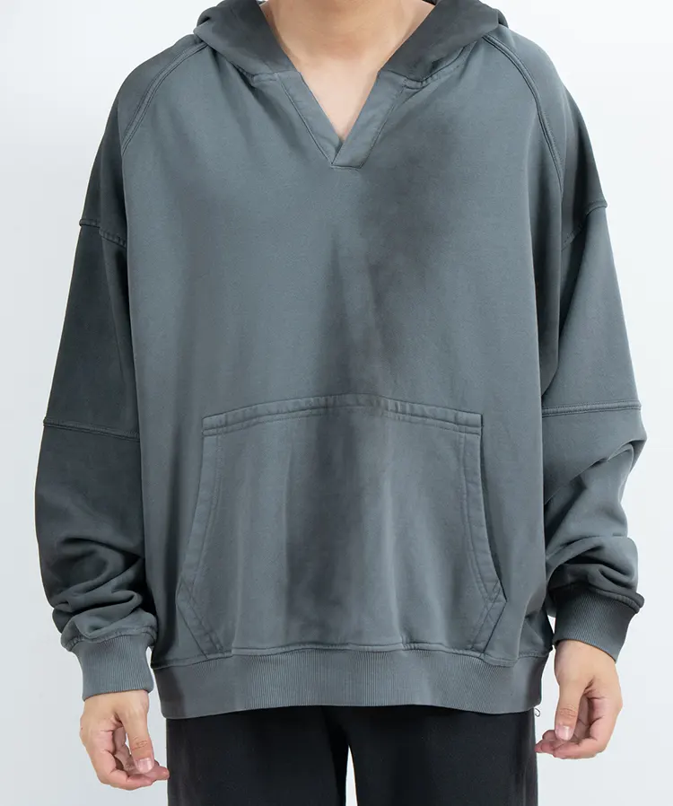 Oversized V-Neck Pullover Hoodie with Sleeve Panels and Kangaroo Pocket