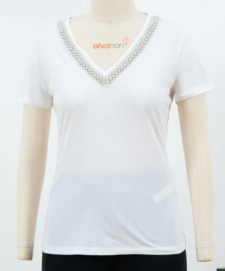 White V-Neck T-Shirt with Bead-Trim Neckline
