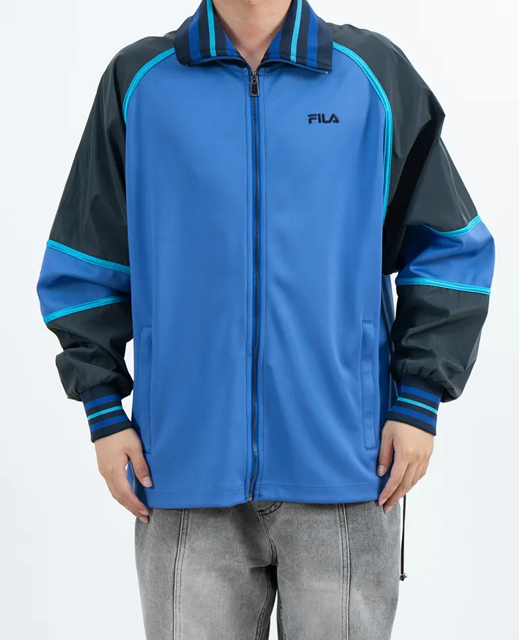 Blue Color Block Outdoor Hardshell Jacket with Striped Collar and Cuffs