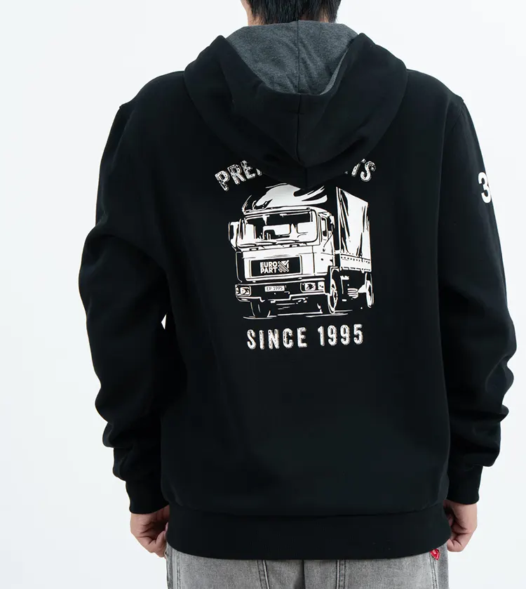 Pullover Hoodie with Raised Tonal Chest Graphic and Truck Back Graphic