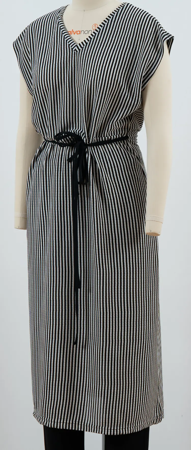 Vertical Stripe V-Neck Midi Dress with Extended Shoulders and Cord Belt